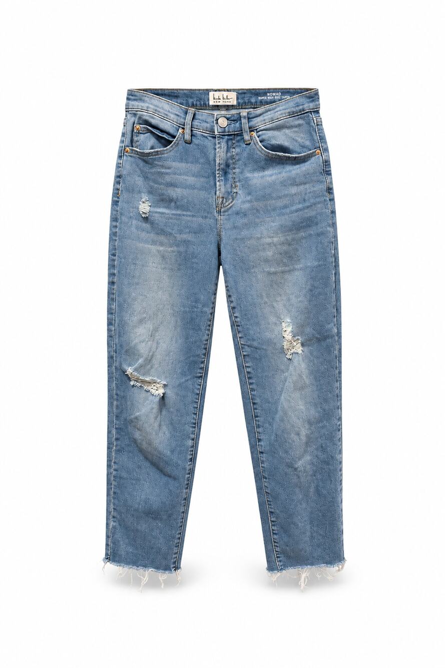 Nicole Miller Nomad Super High Rise Taper Jeans Size 4 Light Wash Distressed